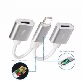 Silver 2 In 1 Double Jacks Headphone Audio Adapter For Iphone